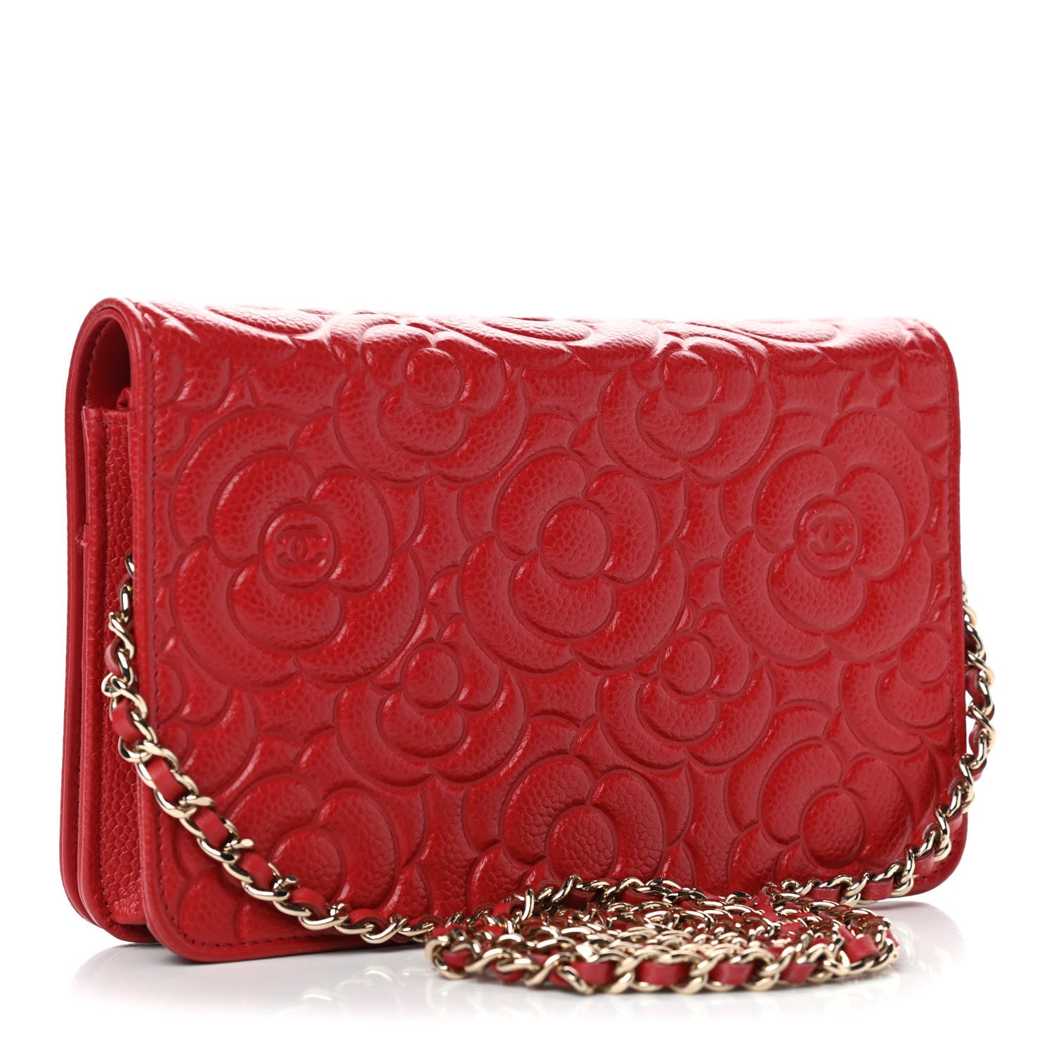 Chanel Caviar Camellia Embossed Wallet On Chain WOC Red 2 of 4