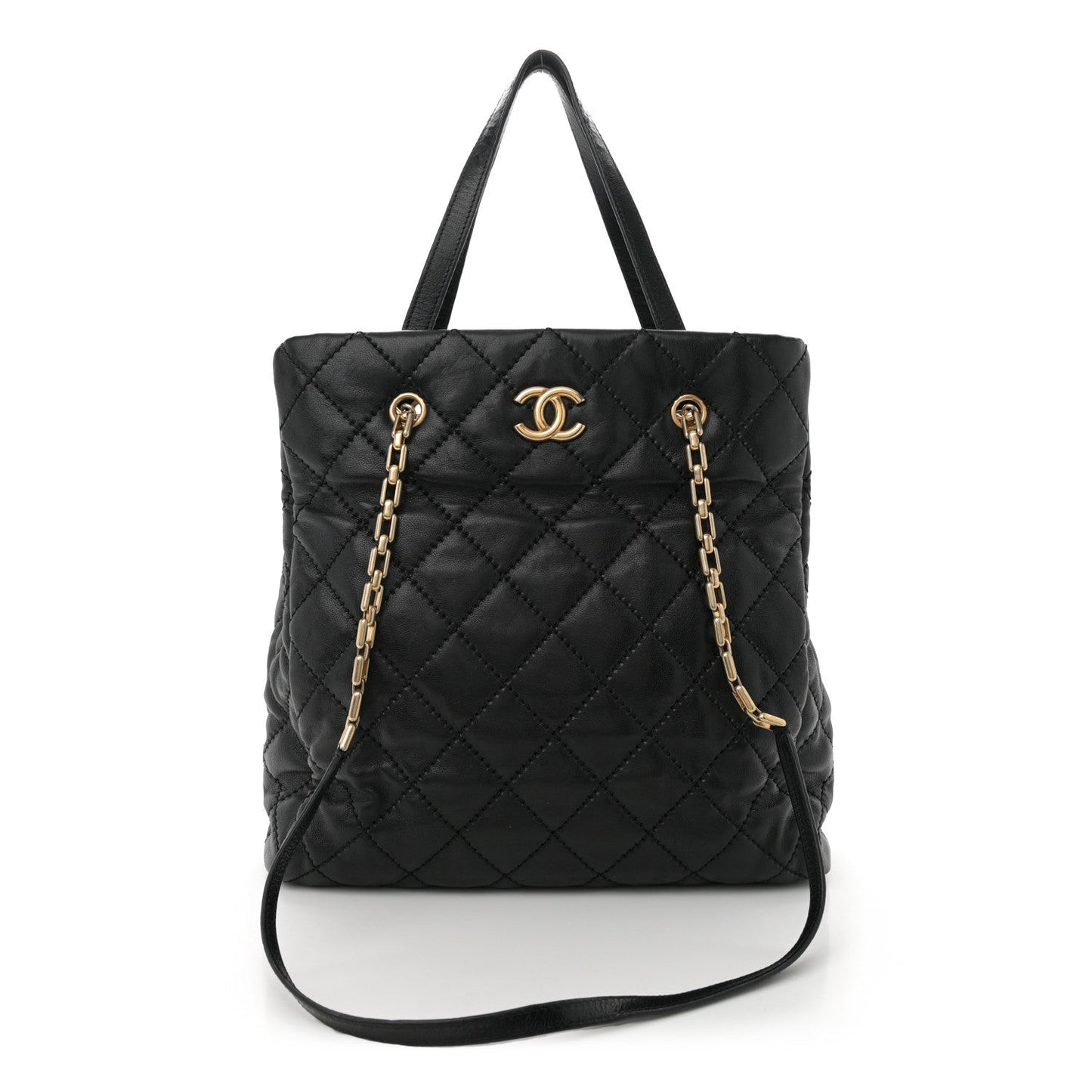 Calfskin Quilted Large Retro Chain Tote Black