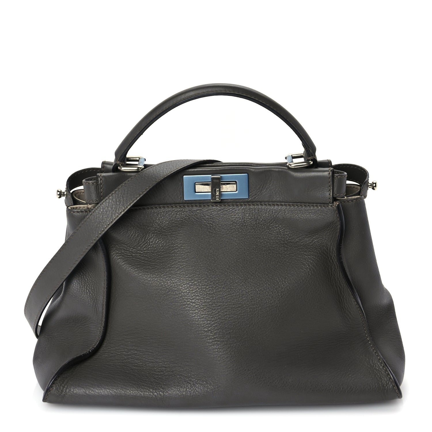 Fendi Vitello Seta Shiny Nappa Medium Peekaboo Iconic Satchel  Carbone Grigio Polvere 1 of 8