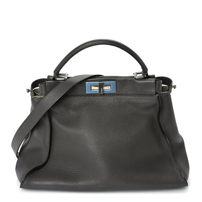 Fendi Vitello Seta Shiny Nappa Medium Peekaboo Iconic Satchel  Carbone Grigio Polvere 1 of 8