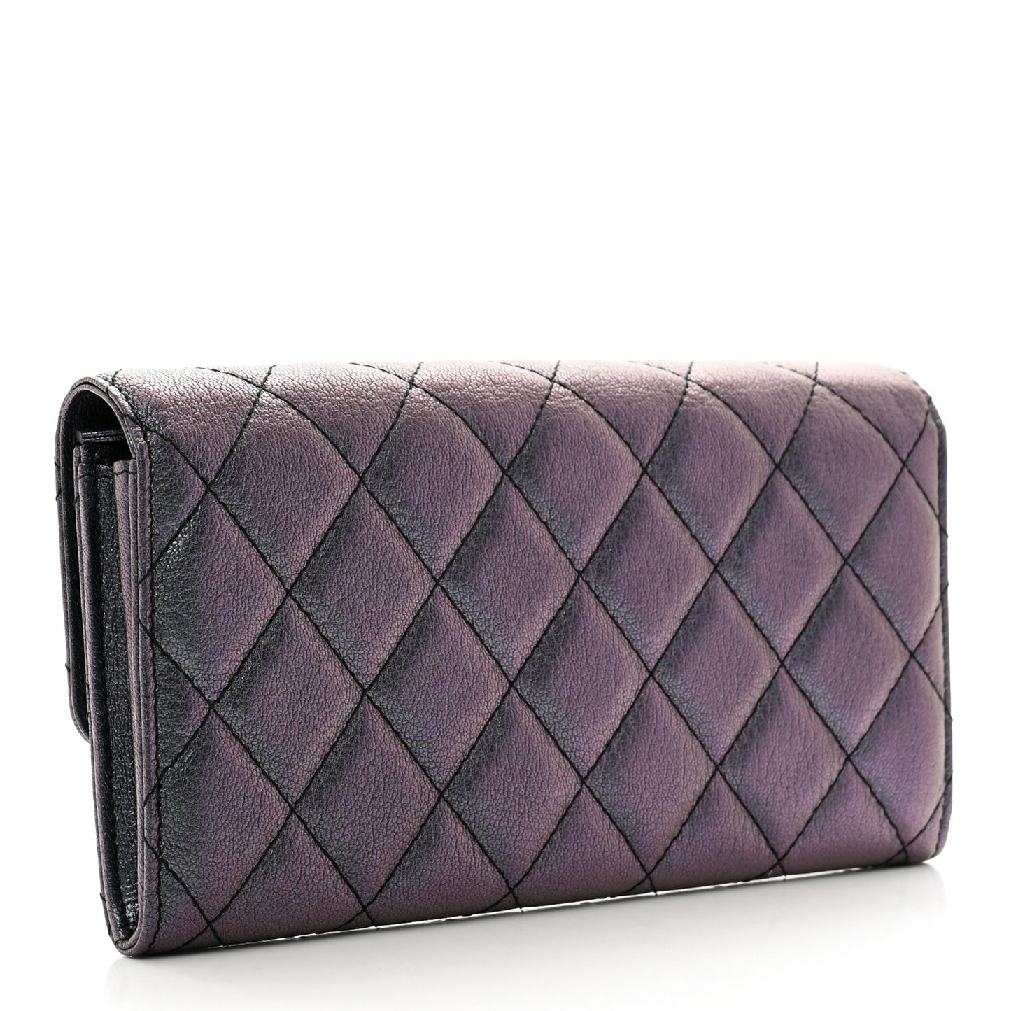 Iridescent Goatskin Quilted Large Flap Wallet Purple