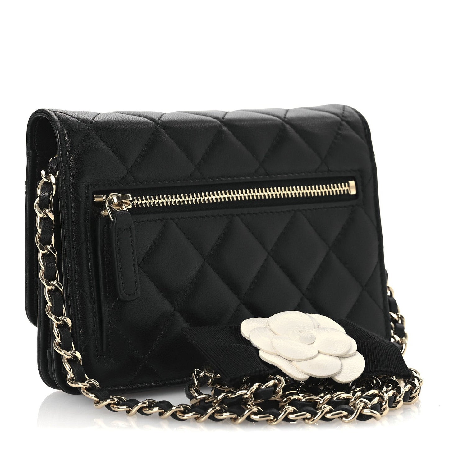 Lambskin Quilted Mini Camellia Bow Wallet On Chain WOC Black