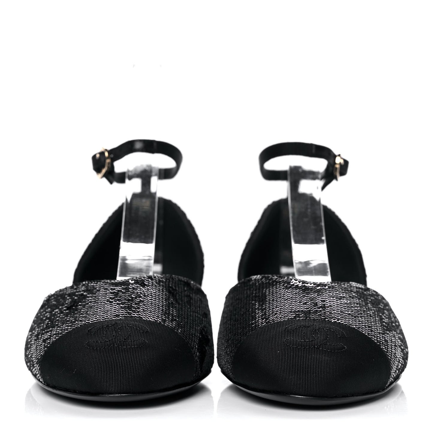 Sequin Grosgrain Cap Toe CC Ankle Strap Sandals 38.5 Black