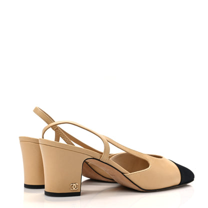 Chanel Lambskin Grosgrain Cap Toe CC Slingback Pumps 38.5 Beige Black 3 of 7