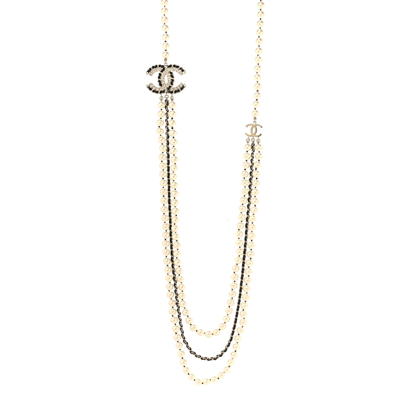 Lambskin Pearl Crystal CC Multi Strand Necklace Black Gold