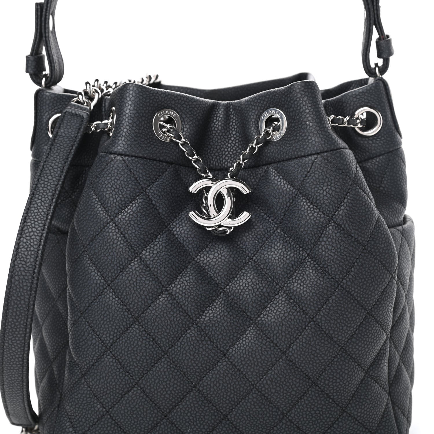 Chanel Caviar Flat Quilted CC Chain Bucket Drawstring Bag Black 8 of 11