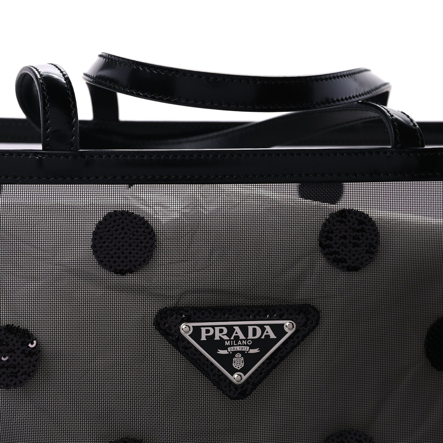 Prada Mesh Sequin Spazzolato Polka Dot Triangle Logo Tote Black 6 of 8