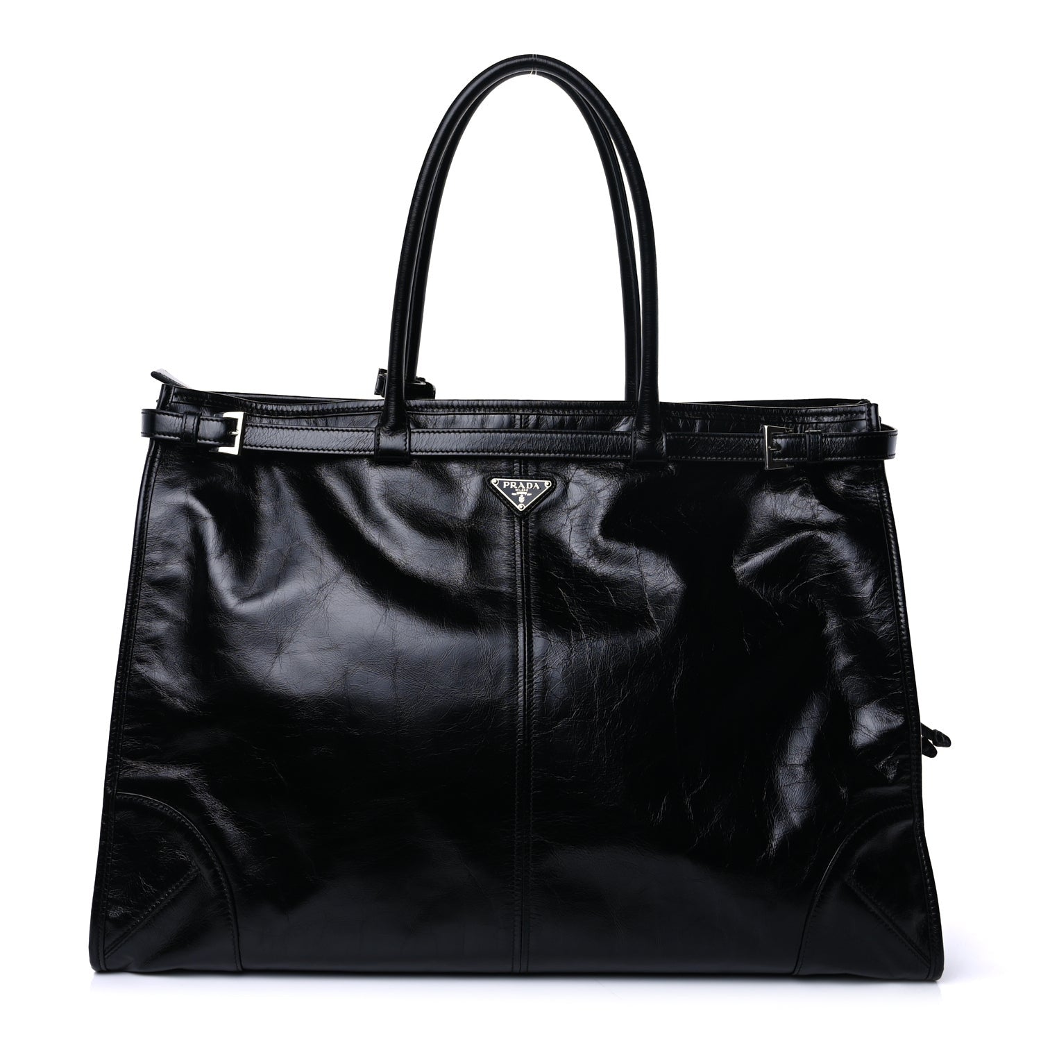 Prada Glossy Calfskin Triangle Extra Large Bonnie Shoulder Bag  Black 1 of 8