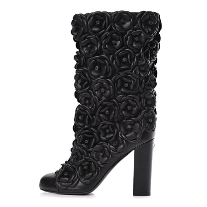 Chanel Calfskin Camellia Boots 40.5 Black 1 of 9