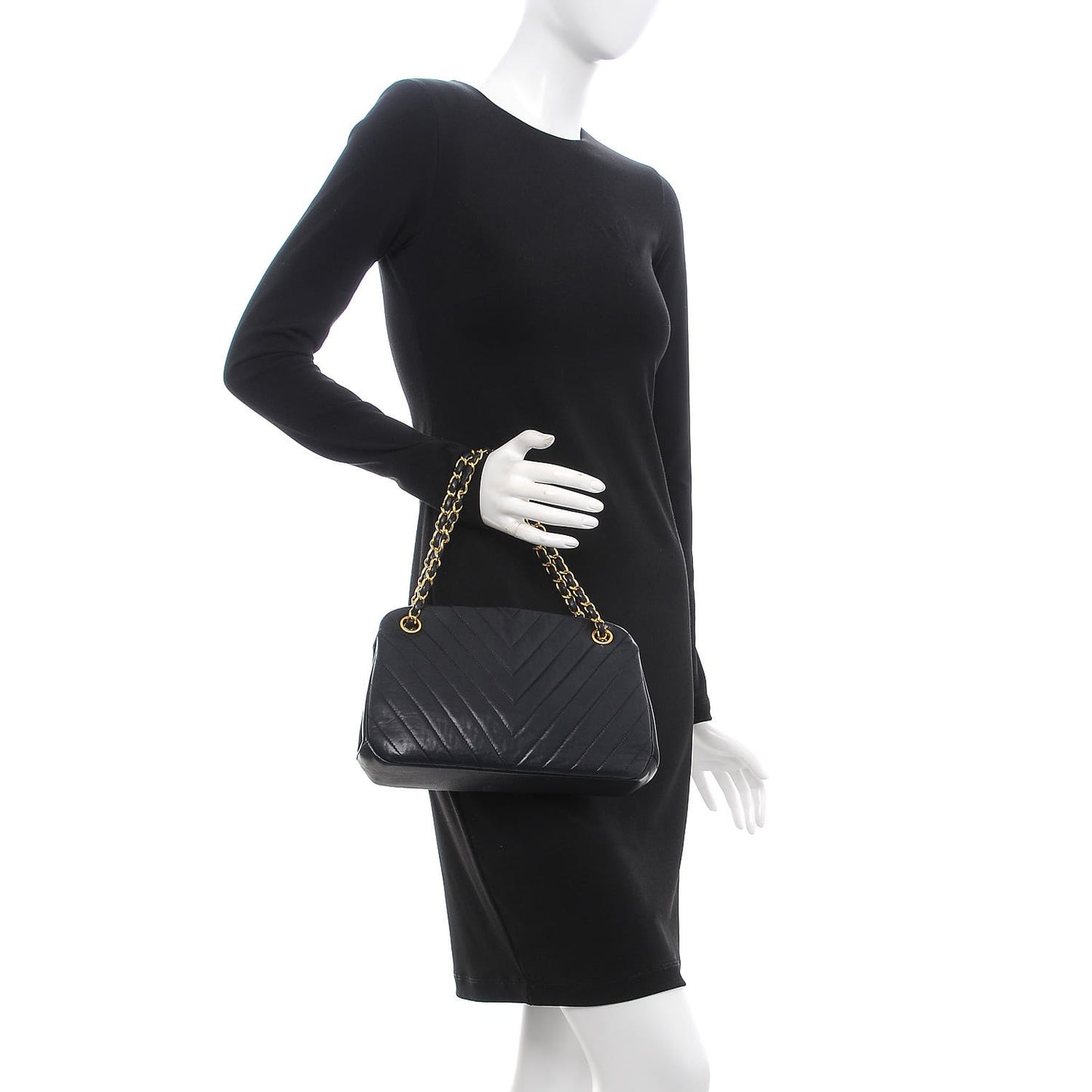 Vintage Lambskin Chevron Quilted Frame Shoulder Bag Navy