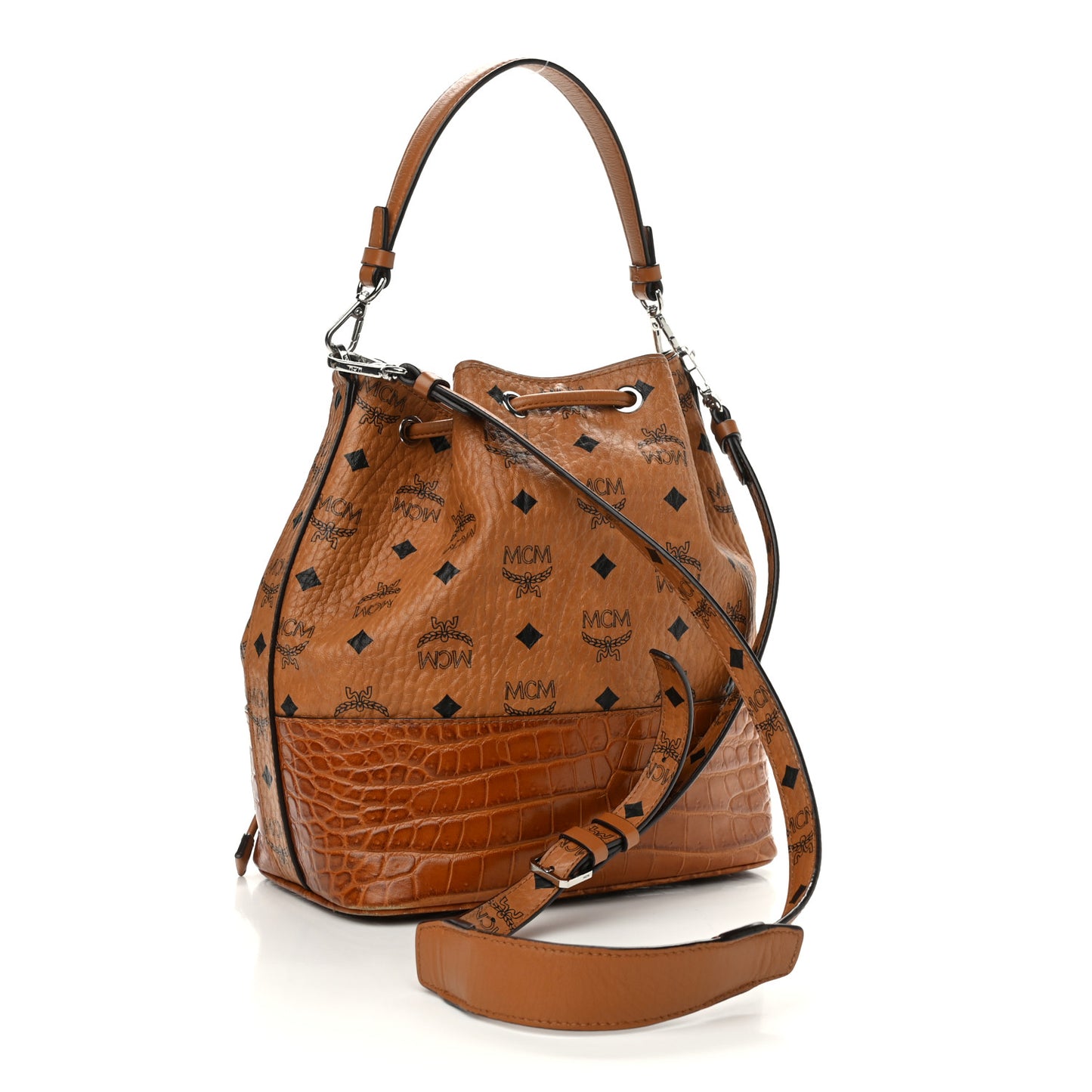 Visetos Crocodile Embossed Geonautic Bucket Bag Cognac
