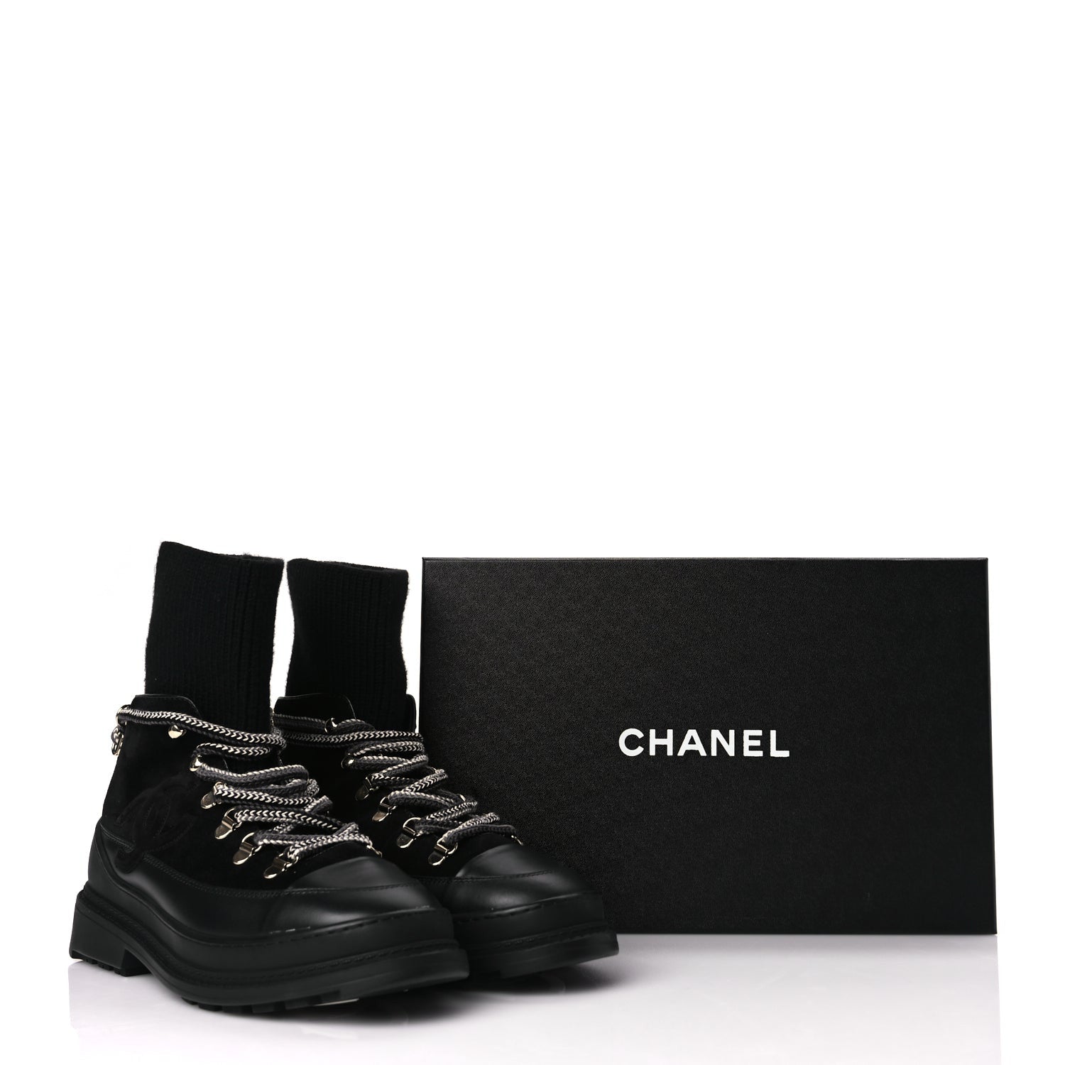Chanel Suede Knit Womens Sock Lace Up Boots Black 7 of 7