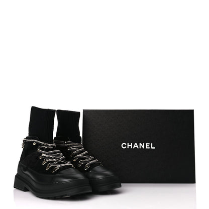 Chanel Suede Knit Womens Sock Lace Up Boots Black 7 of 7