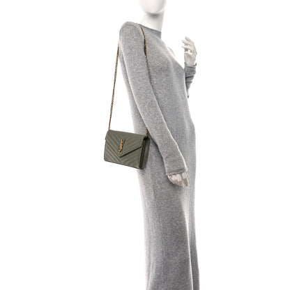 Saint Laurent Grain De Poudre Matelasse Chevron Monogram Chain Wallet Light Sage 2 of 10