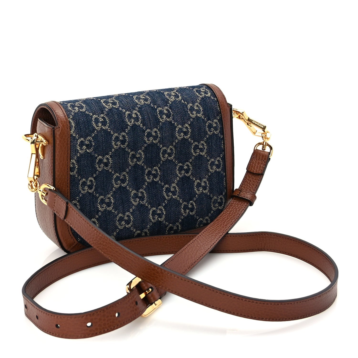 Gucci New Denim GG Monogram Dollar Calfskin Web Mini Horsebit 1955 Shoulder Bag Blue Tea Cuir Epilog 3 of 10
