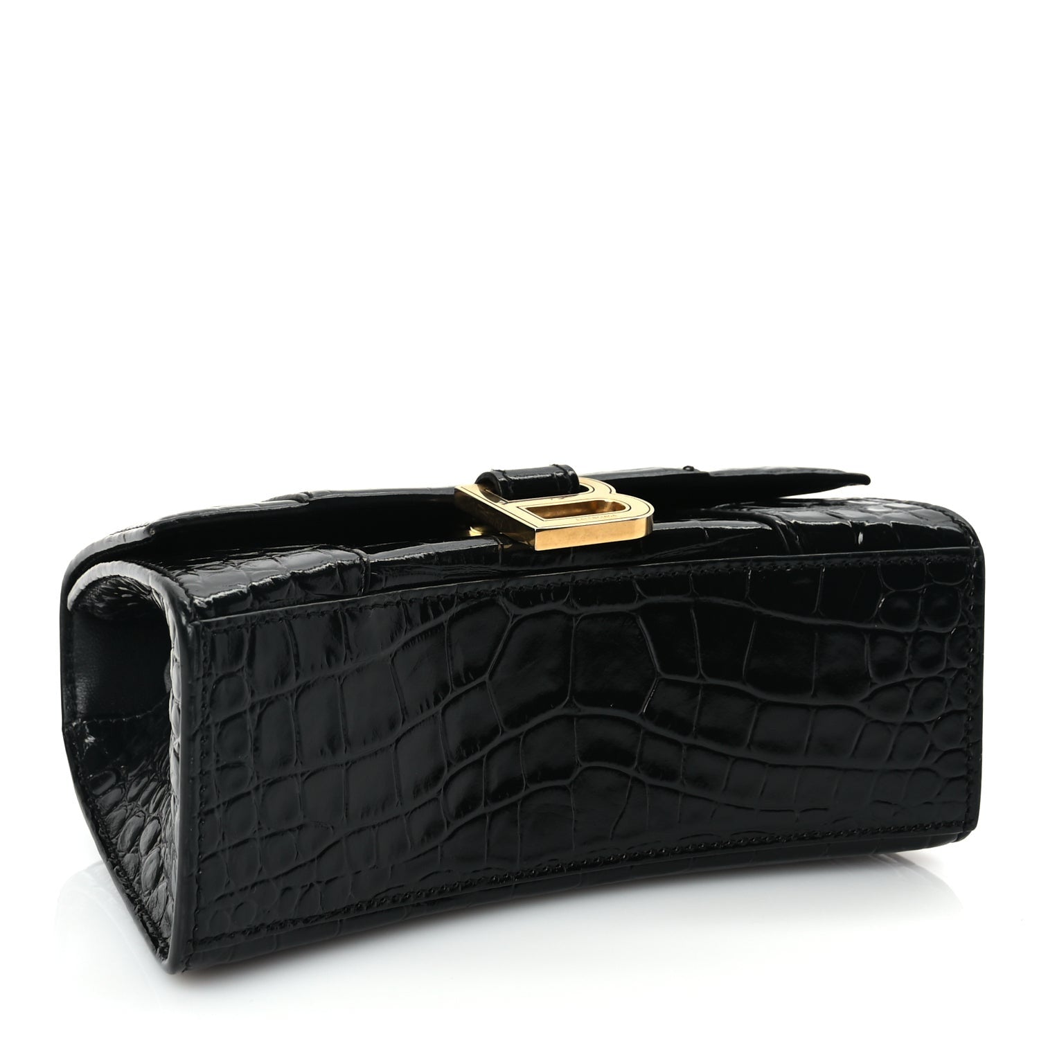 Balenciaga Shiny Calfskin Crocodile Embossed Hourglass Top Handle Bag XS Black 3 of 8