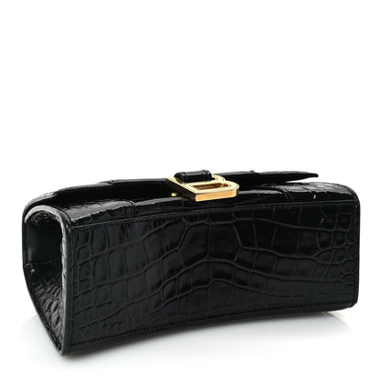 Balenciaga Shiny Calfskin Crocodile Embossed Hourglass Top Handle Bag XS Black 3 of 8