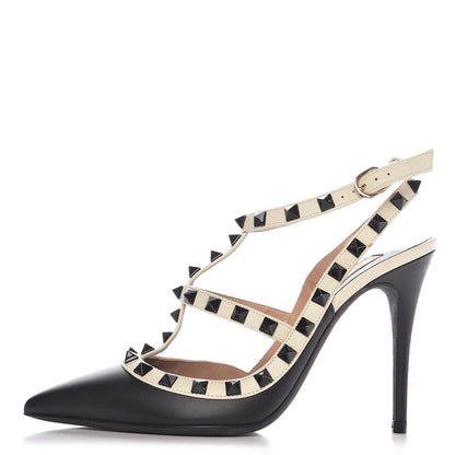 Valentino Garavani Nappa Rockstud Ankle Strap 100mm Pumps 36.5 Black Light Ivory 1 of 8