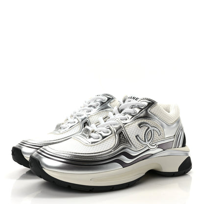 Chanel Fabric Laminated Calfskin Stretch CC Sneakers 36.5 White Silver 3 of 10