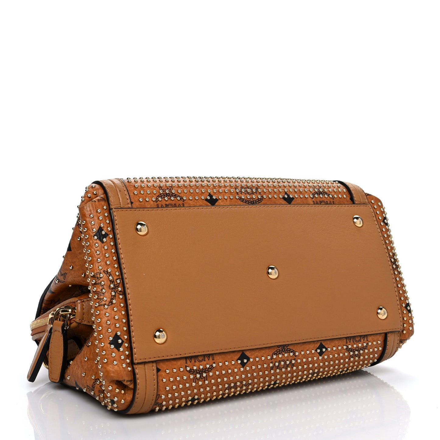 Visetos Studded Boston Satchel Cognac