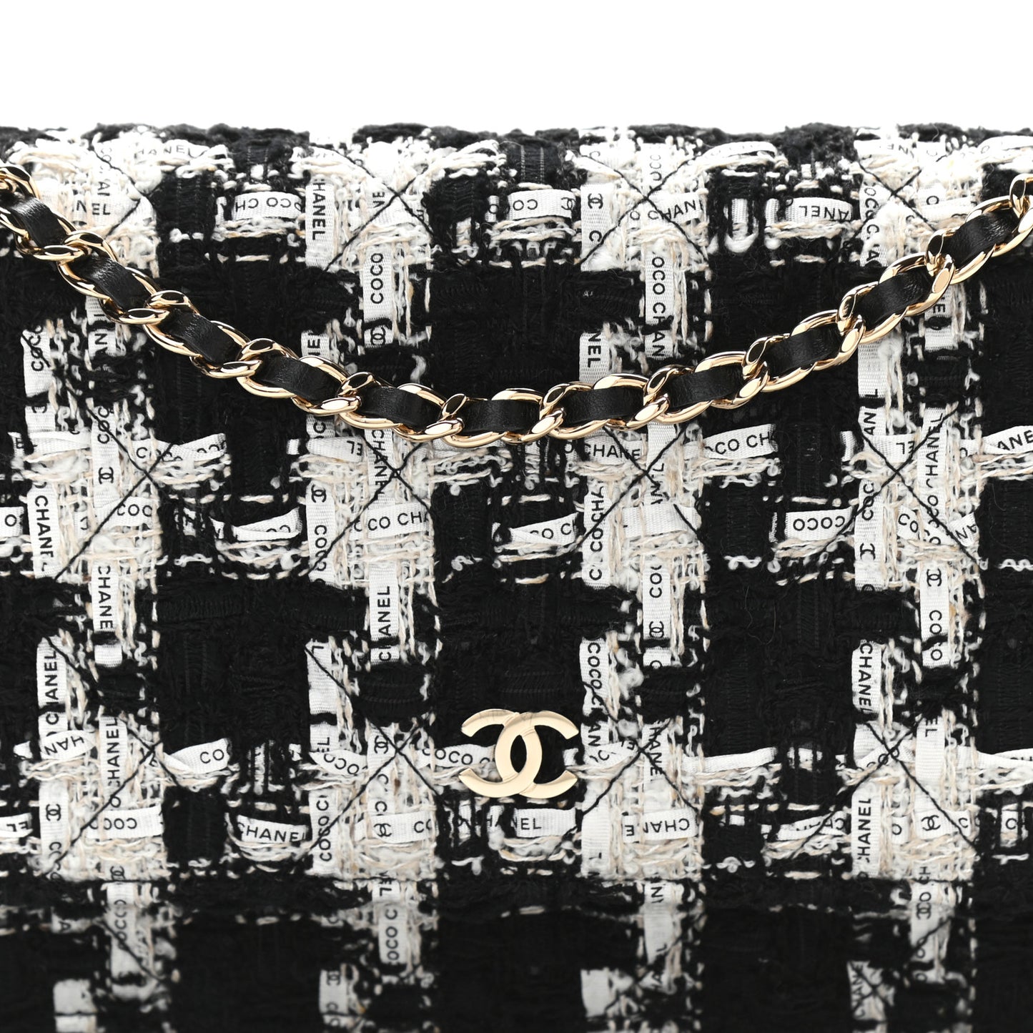 Tweed Quilted Wallet On Chain WOC Black Ecru White