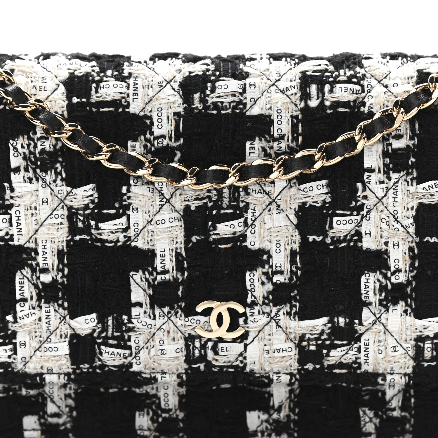 Chanel Tweed Quilted Wallet On Chain WOC Black Ecru White 8 of 11