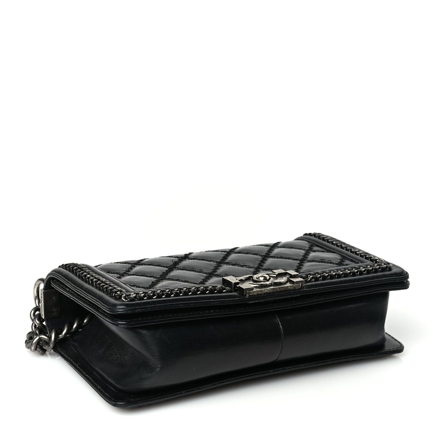 Goatskin Quilted Medium Boy Top Handle Flap Black
