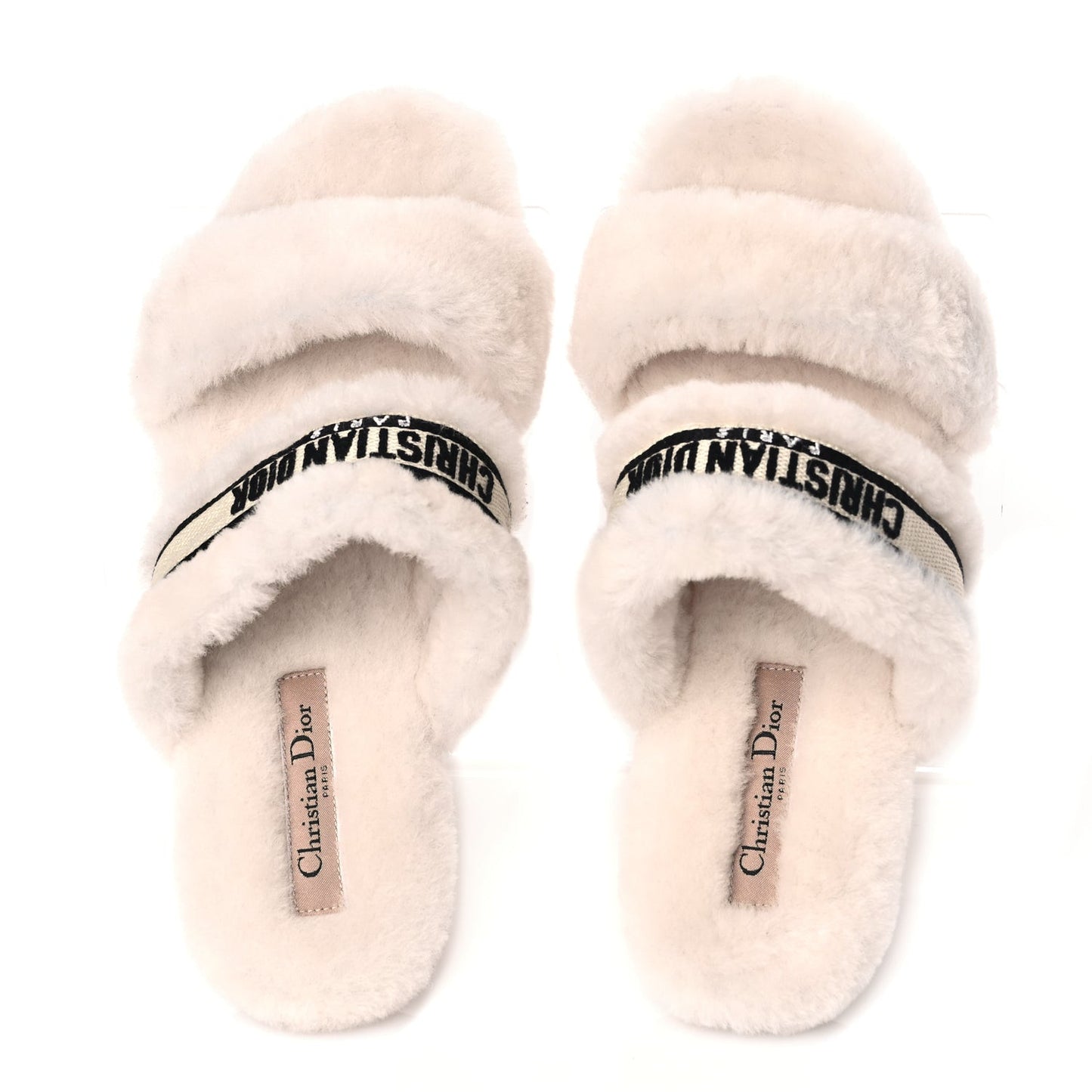 Shearling Canvas Embroidered Chez Moi Strap Slide Sandal 37 Off White Black