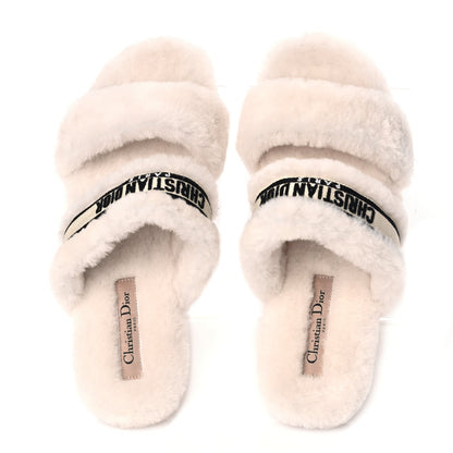 Christian Dior Shearling Canvas Embroidered Chez Moi Strap Slide Sandal 37 Off White Black 2 of 9