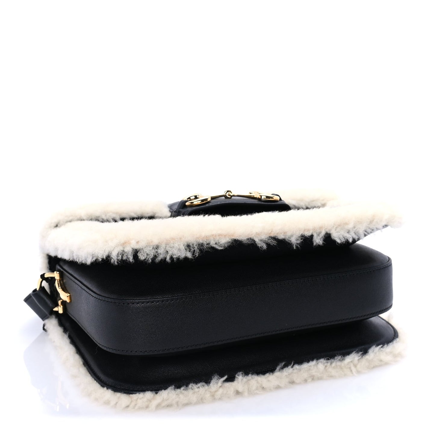 Sakai Be Green Calfskin Shearling Horsebit 1955 Shoulder Bag Black