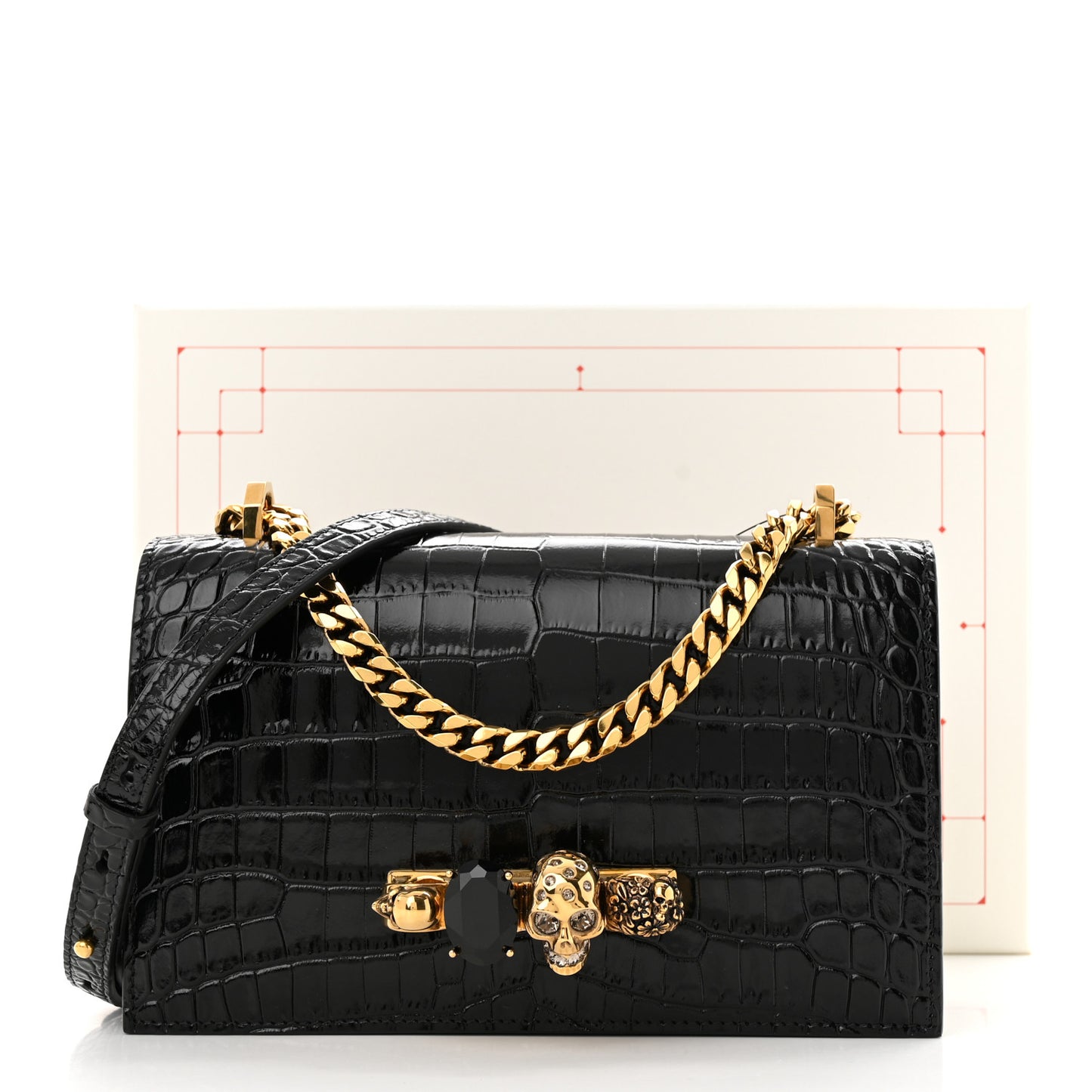 Calfskin Crocodile Embossed Mini Jeweled Satchel Black