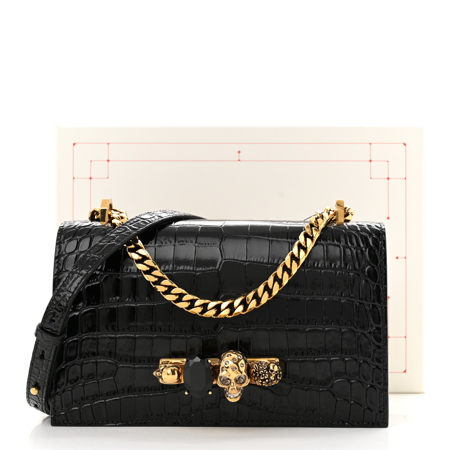 Alexander McQueen Calfskin Crocodile Embossed Mini Jeweled Satchel Black 10 of 10