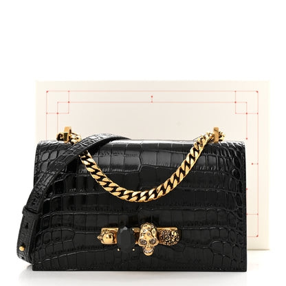 Alexander McQueen Calfskin Crocodile Embossed Mini Jeweled Satchel Black 10 of 10