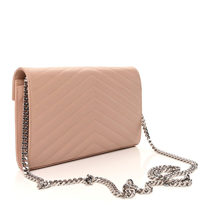 Saint Laurent Grain De Poudre Matelasse Chevron Monogram Chain Wallet Pale Pink 2 of 8