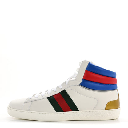 Gucci Calfskin Web Mens Ace High Top Sneakers 9 White Bright Splash 1 of 7