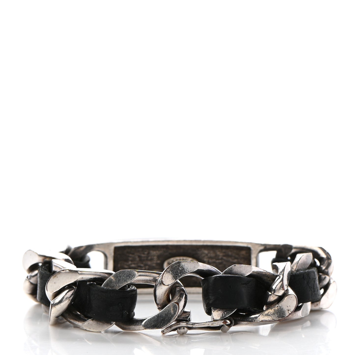 Metal Lambskin Name Plate Bracelet Black Silver