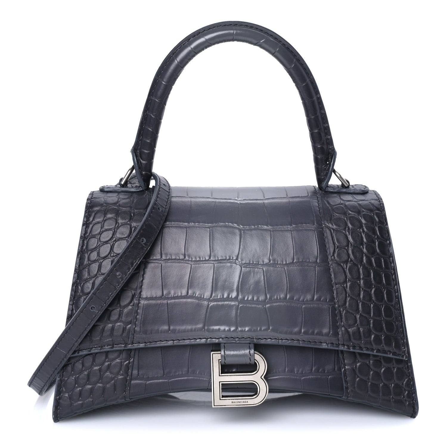 Balenciaga Shiny Calfskin Crocodile Embossed Small Hourglass Top Handle Bag  Dark Grey 1 of 7