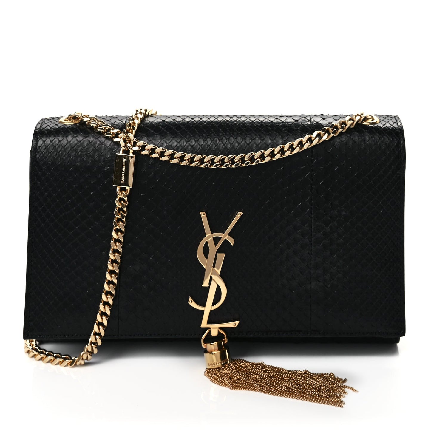 Snakeskin Medium Classic Monogram Kate Tassel Satchel Black