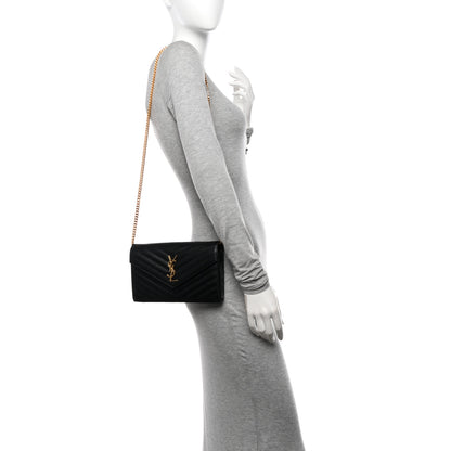 Saint Laurent Grain De Poudre Matelasse Chevron Monogram Chain Wallet Black 2 of 12