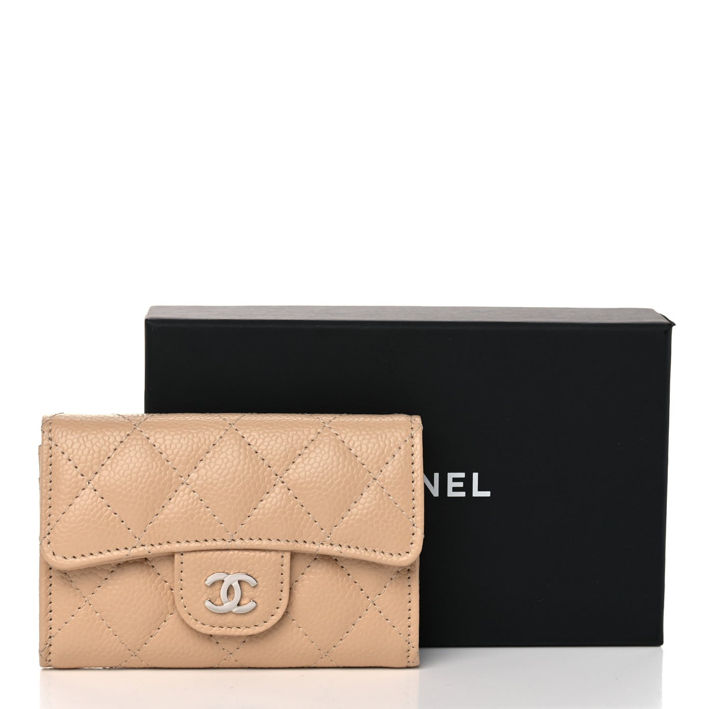 Caviar Quilted Flap Card Holder Wallet Beige