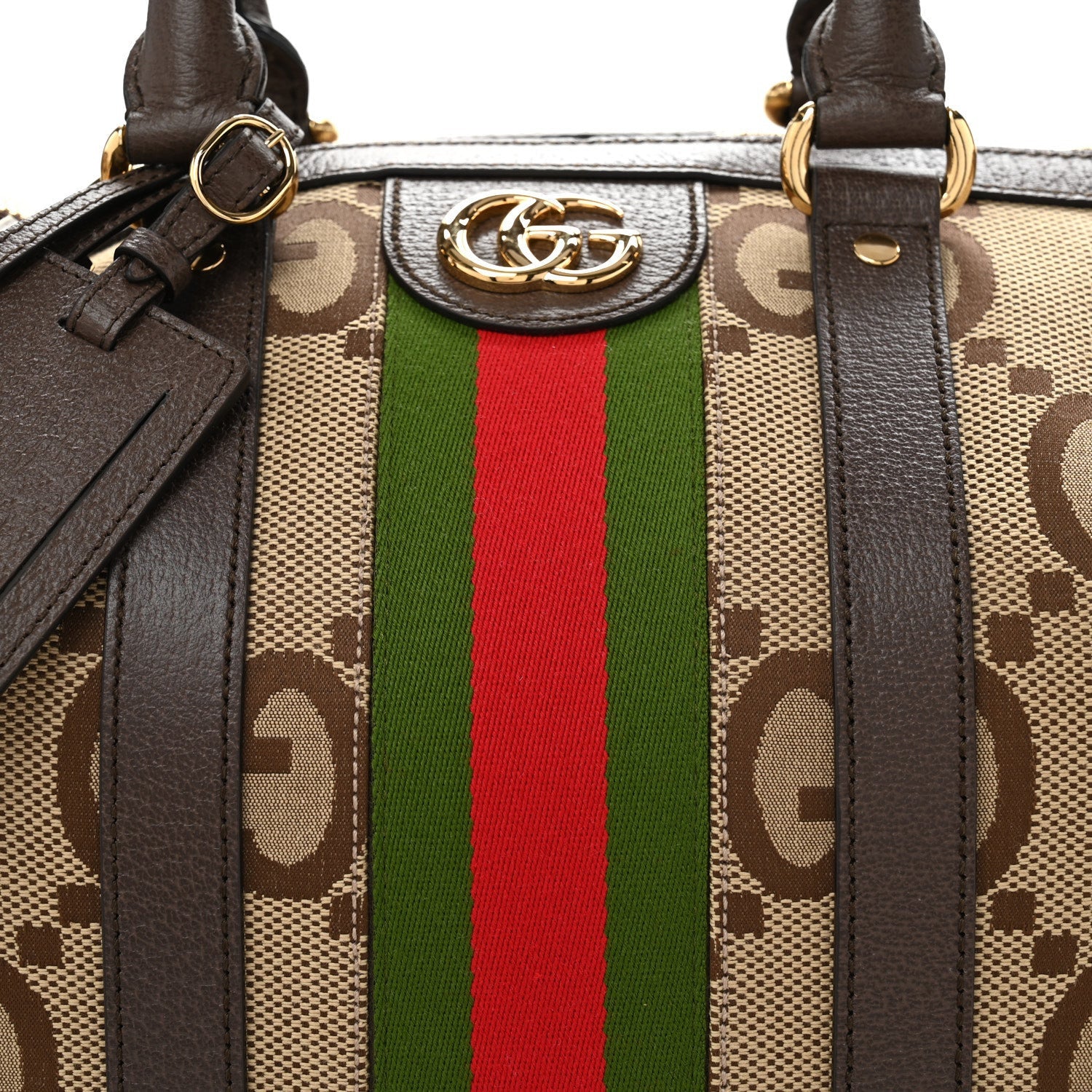 Gucci Monogram Jumbo GG Textured Dollar Calfskin Web Medium Duffle Bag Camel Ebony 7 of 7