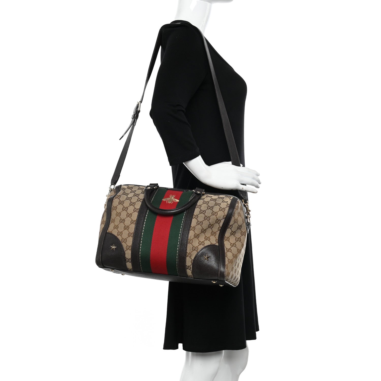 Gucci Monogram Vintage Web Medium Webby Bee Boston Dark Brown 2 of 18