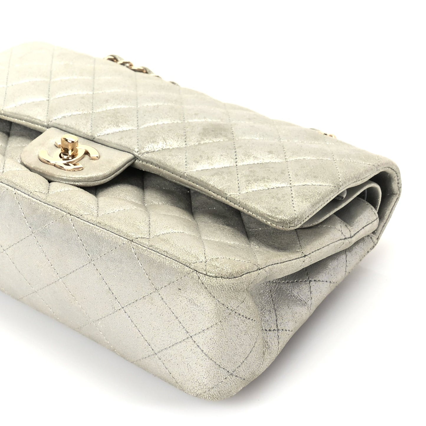 Iridescent Calfskin Quilted Medium Double Flap  Silver