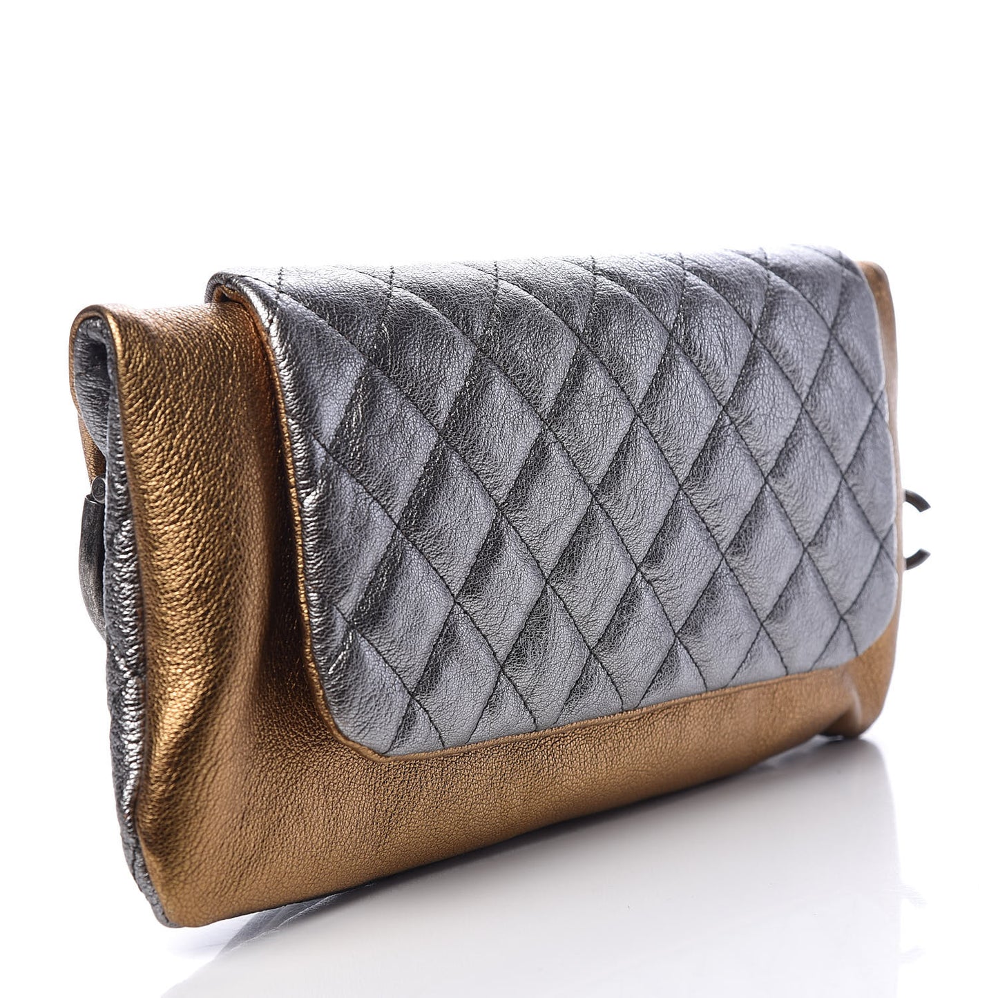Metallic Goatskin Quilted Frame Clasp Flap Clutch Silver Gold