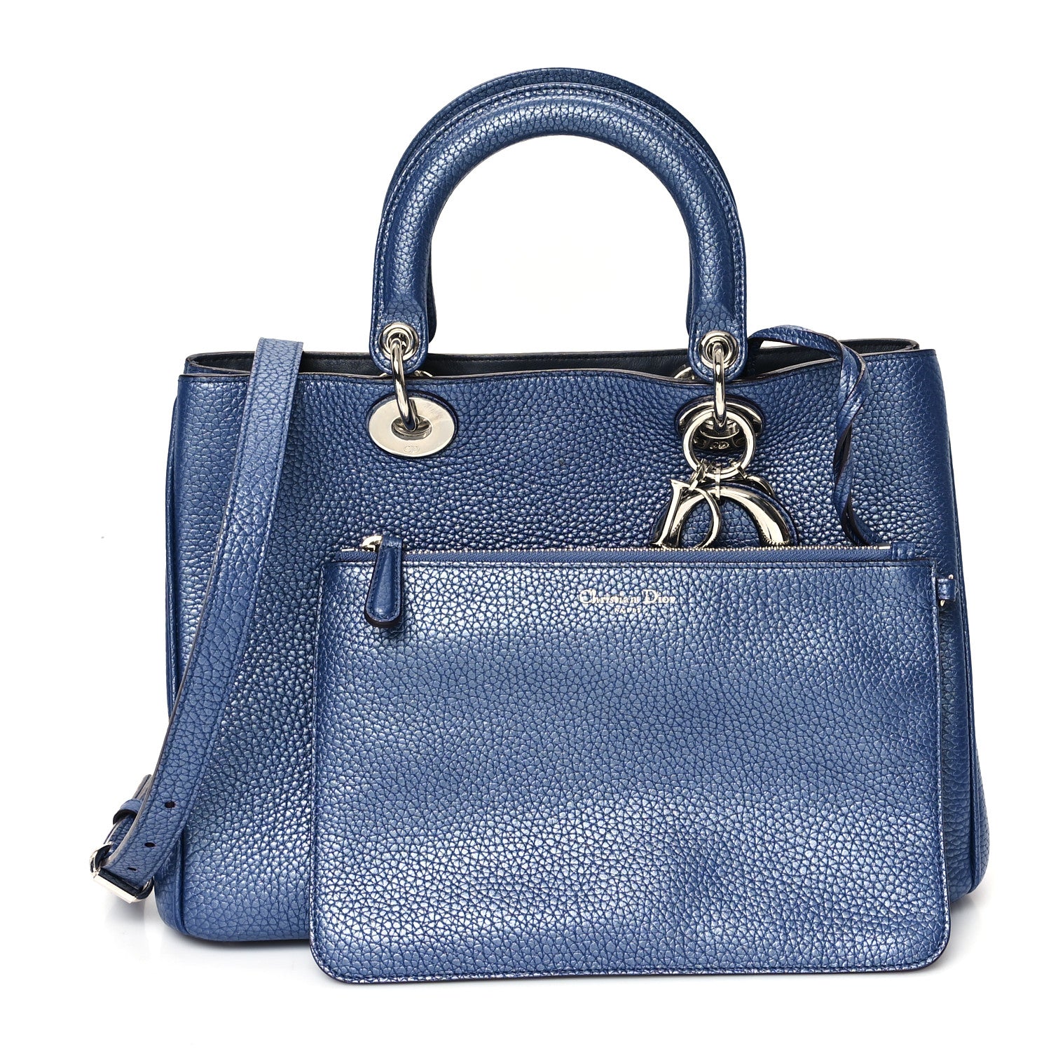 Christian Dior Metallic Bullcalf Medium Diorissimo Tote Blue 3 of 11