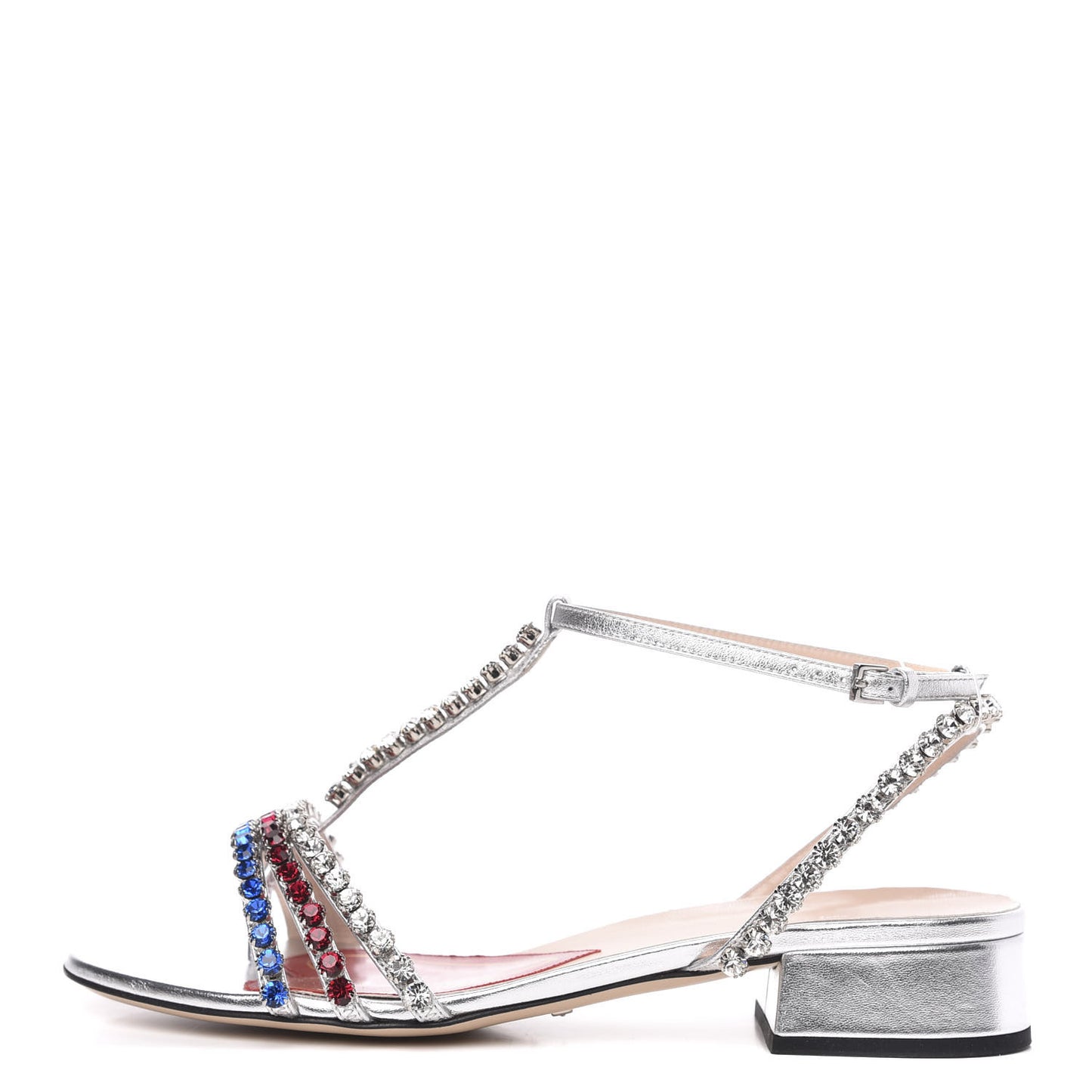 Nappa Silk Crystal Bertie T-Strap Low Heel Sandals 37 Argento