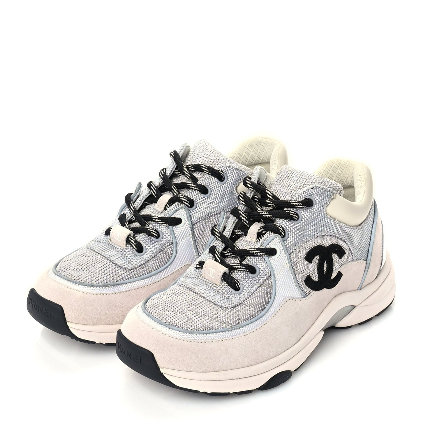 Mesh Suede Calfskin Grained Calfskin Womens CC Sneakers 37 Grey White