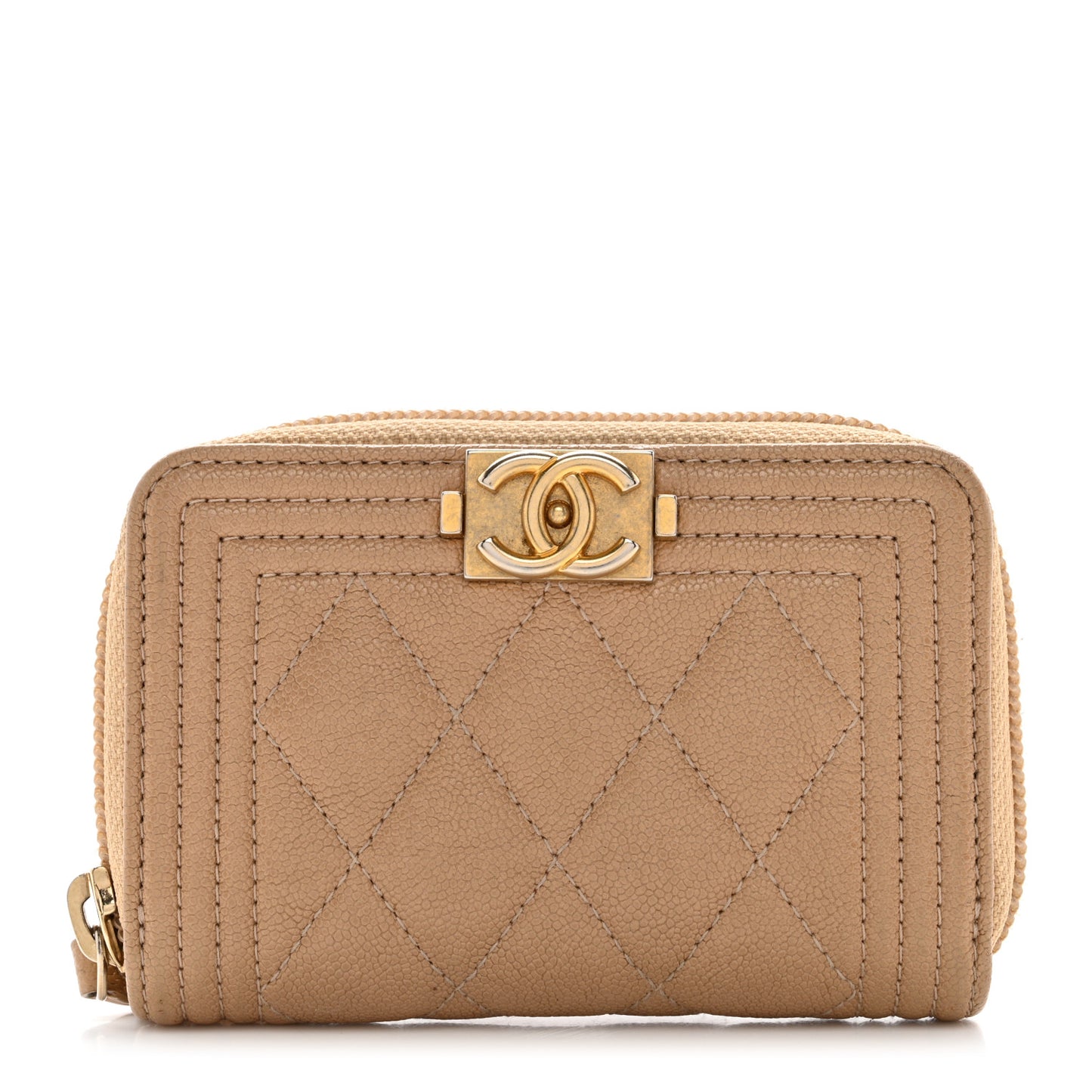 Caviar Quilted Boy Zip Around Coin Purse Wallet Beige