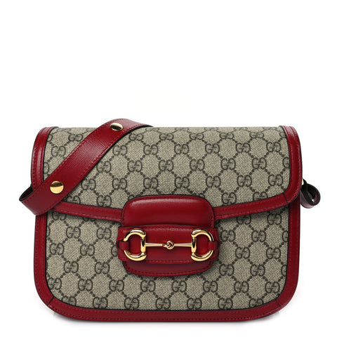GG Supreme Monogram Azalea Calfskin Horsebit 1955 Shoulder Bag Beige Ebony New Cherry Red