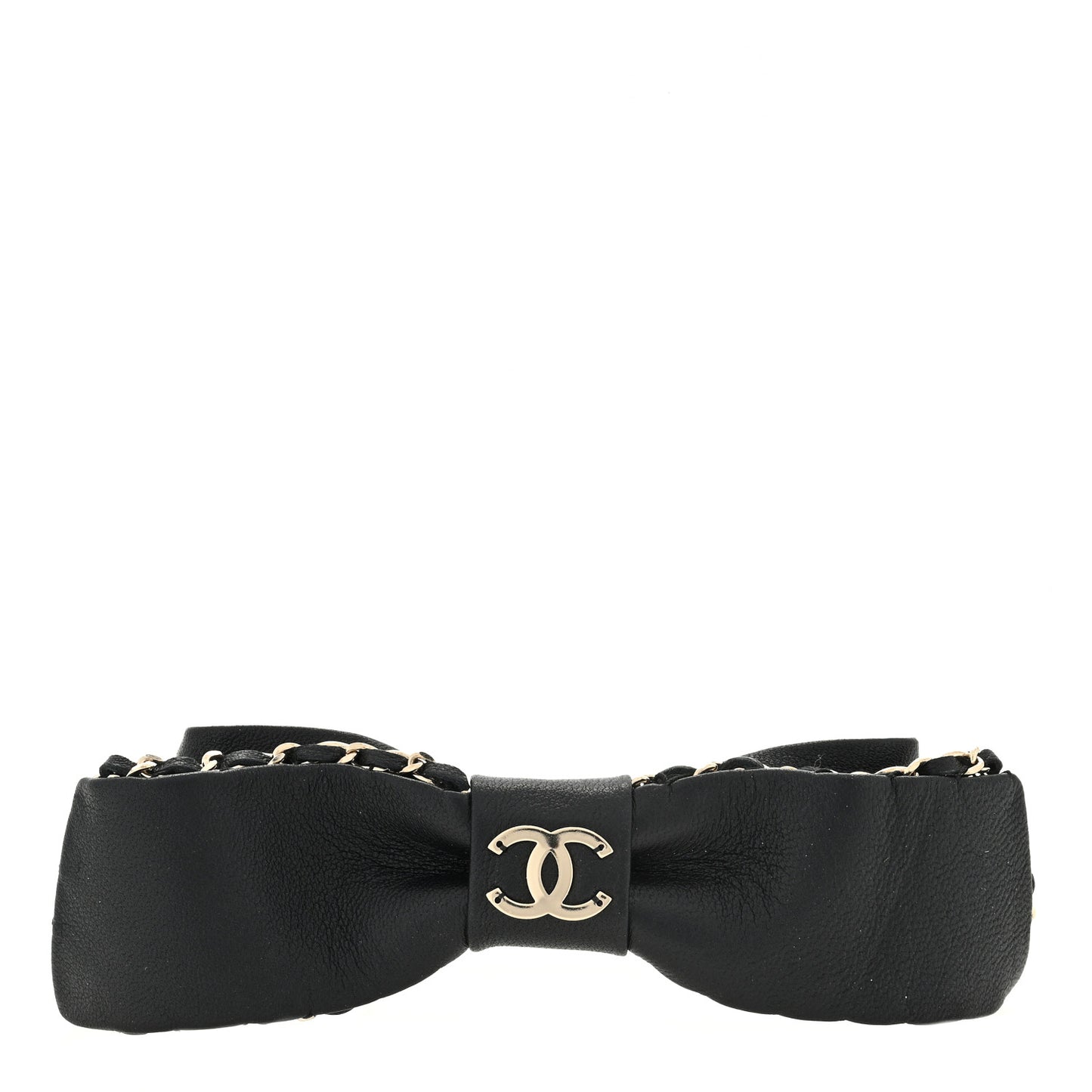 Lambskin Bow Chain CC Hair Clip Black